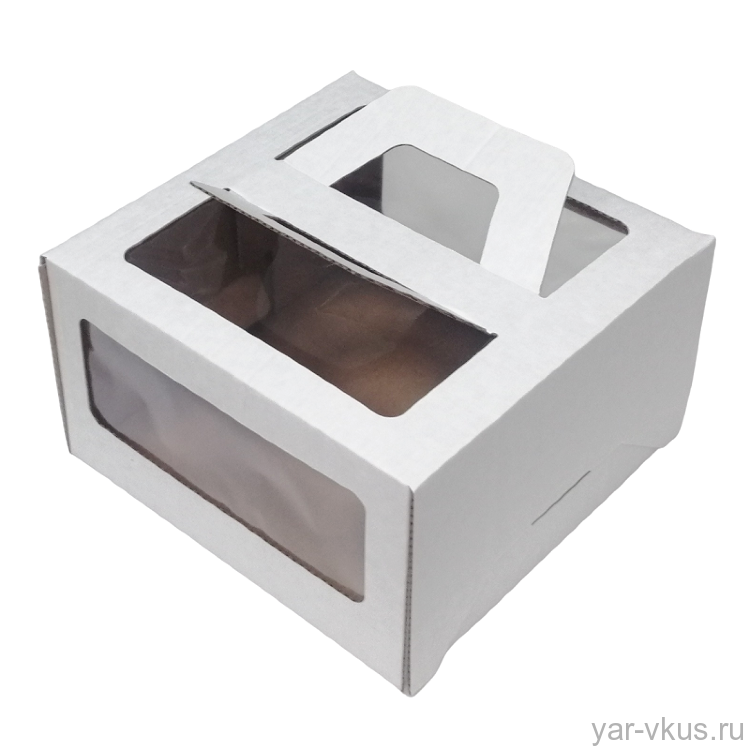 Коробка для торта 21*21*12 см Белая с окном, с ручками, гофрокартон