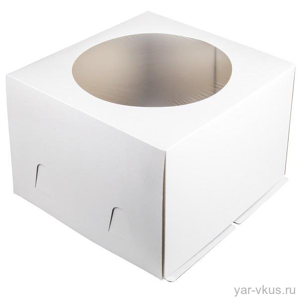 Коробка для торта 30*30*19 см хром-эрзац с окном белая
