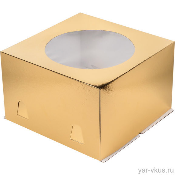 Коробка для торта 28*28*18 см хром-эрзац с окном золото
