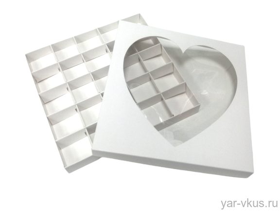 Коробка для конфет 205*205*25мм (на 25 шт), белая с окном Сердце