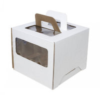Коробка для торта 24*24*20 см Белая с окном, с ручками, гофрокартон