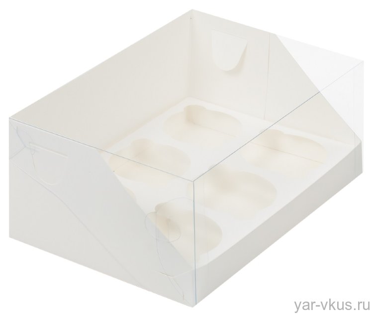 Коробка для 6 капкейков 235*160*100 Белая с пластиковой крышкой